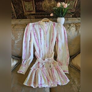 NWOT Beulah Style Ruffled Tie-Dye Linen MIni Long Sleeve Dress